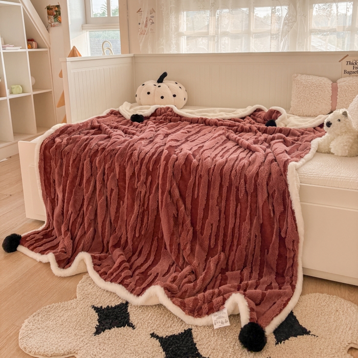 91家纺网 家纺一手货源 找家纺 潮邦创意家居2025新款全新升级阳离子提花兔毛球毯-雪兔波纹系列 雪兔波纹-绒焰红