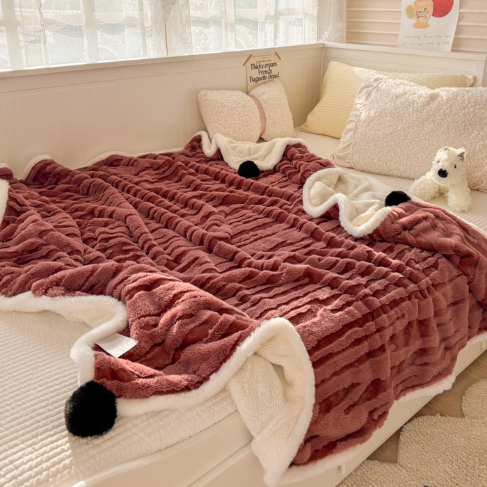 91家纺网 家纺一手货源 找家纺 潮邦创意家居2025新款全新升级阳离子提花兔毛球毯-雪兔波纹系列 雪兔波纹-绒焰红