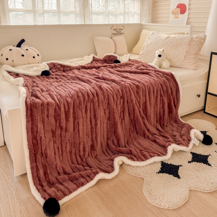 91家纺网 家纺一手货源 找家纺 潮邦创意家居2025新款全新升级阳离子提花兔毛球毯-雪兔波纹系列 雪兔波纹-绒焰红