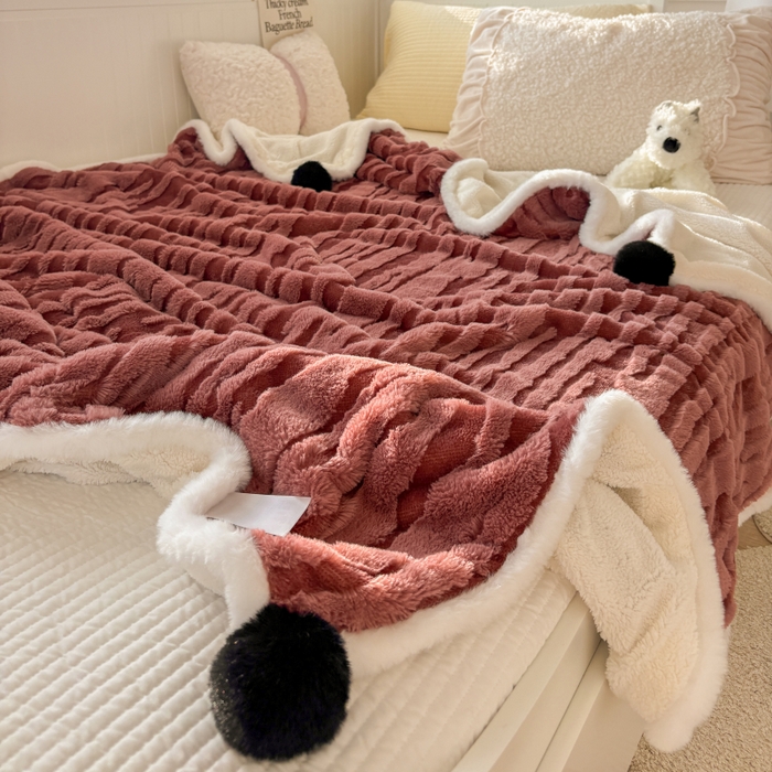 潮邦创意家居2025新款全新升级阳离子提花兔毛球毯-雪兔波纹系列 雪兔波纹-绒焰红