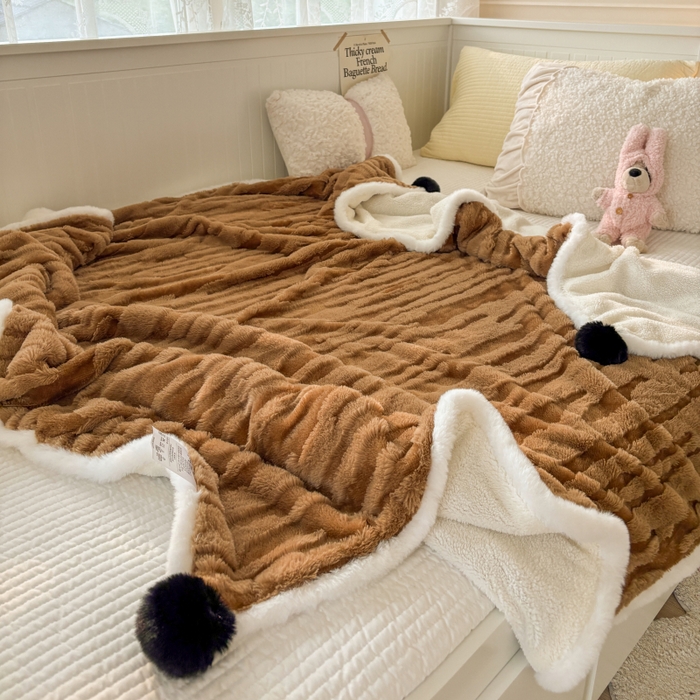 潮邦创意家居2025新款全新升级阳离子提花兔毛球毯-雪兔波纹系列 雪兔波纹-烟绒棕