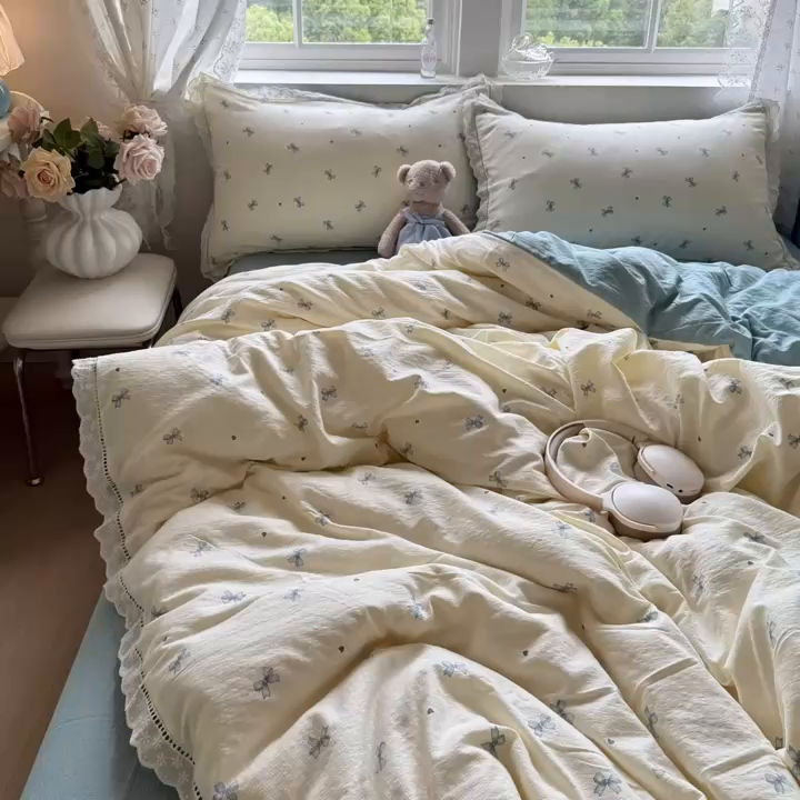 91家纺网 家纺一手货源 找家纺 Mata蔓塔家 2025新款云感双层纱全棉镂空花边四件套 夏岛