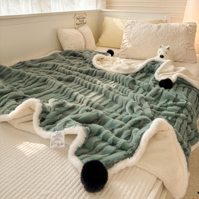 潮邦创意家居2025新款全新升级阳离子提花兔毛球毯-雪兔波纹系列 雪兔波纹-朱弦绿