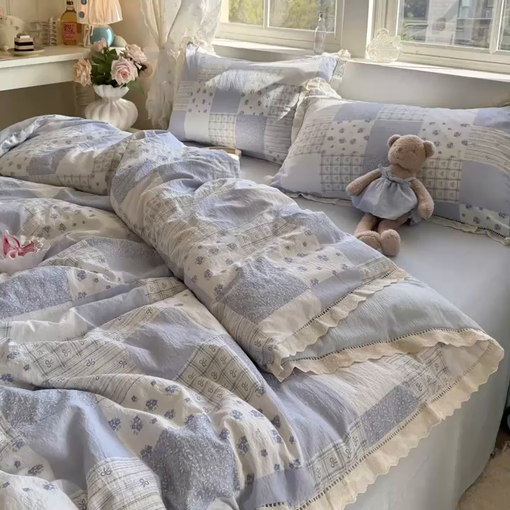 91家纺网 家纺一手货源 找家纺 Mata蔓塔家 2025新款云感双层纱全棉镂空花边四件套 田园诗