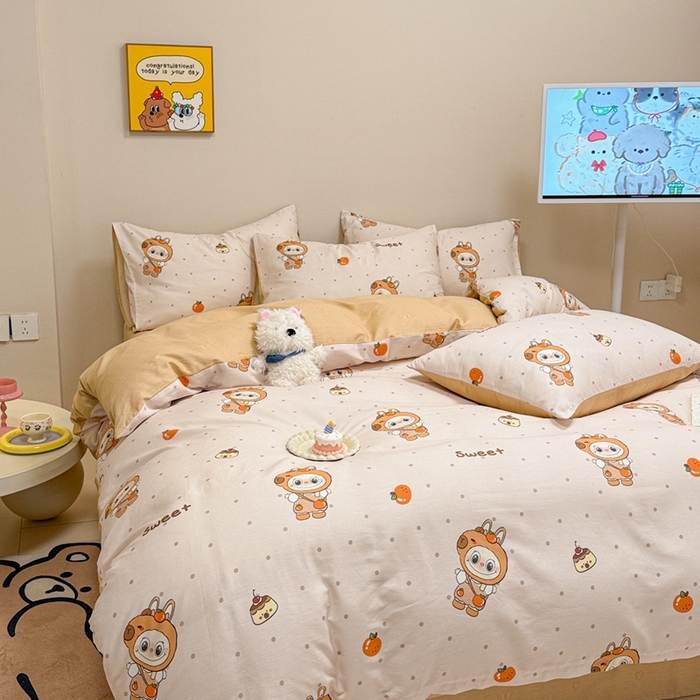 91家纺网 家纺一手货源 找家纺 呗旺鹿 2025新款40s全棉纯棉卡通大眼娃娃甜酷风四件套 卡皮巴拉大眼娃娃