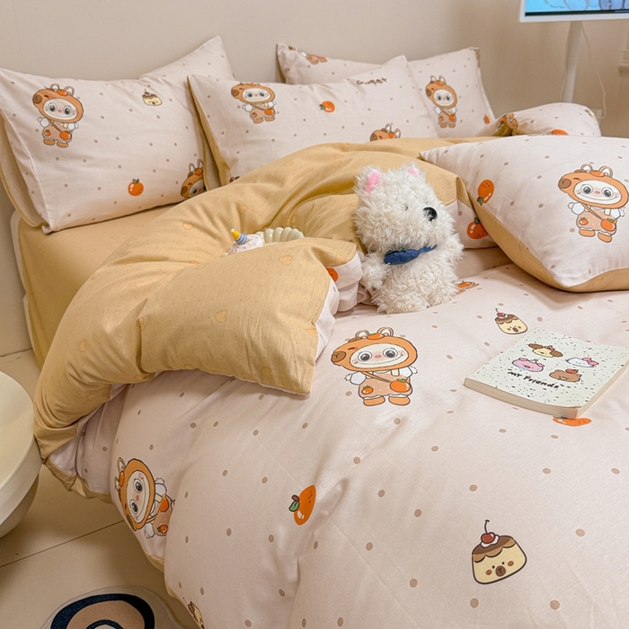 91家纺网 家纺一手货源 找家纺 呗旺鹿 2025新款40s全棉纯棉卡通大眼娃娃甜酷风四件套 卡皮巴拉大眼娃娃