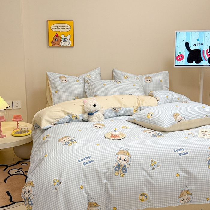 91家纺网 家纺一手货源 找家纺 呗旺鹿 2025新款40s全棉纯棉卡通大眼娃娃甜酷风四件套 小汽车大眼娃娃