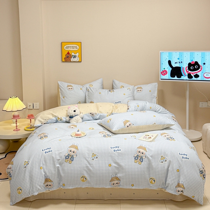 91家纺网 家纺一手货源 找家纺 呗旺鹿 2025新款40s全棉纯棉卡通大眼娃娃甜酷风四件套 小汽车大眼娃娃