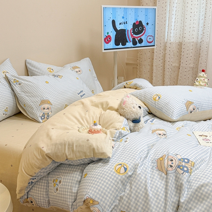 91家纺网 家纺一手货源 找家纺 呗旺鹿 2025新款40s全棉纯棉卡通大眼娃娃甜酷风四件套 小汽车大眼娃娃