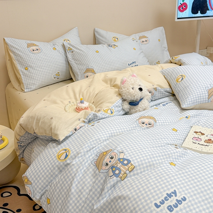 91家纺网 家纺一手货源 找家纺 呗旺鹿 2025新款40s全棉纯棉卡通大眼娃娃甜酷风四件套 小汽车大眼娃娃