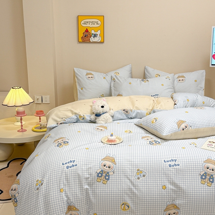 91家纺网 家纺一手货源 找家纺 呗旺鹿 2025新款40s全棉纯棉卡通大眼娃娃甜酷风四件套 小汽车大眼娃娃