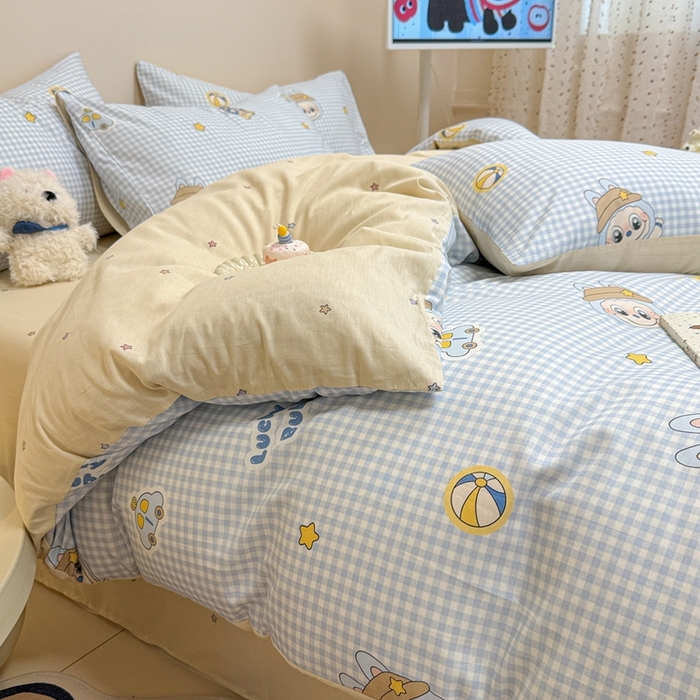 91家纺网 家纺一手货源 找家纺 呗旺鹿 2025新款40s全棉纯棉卡通大眼娃娃甜酷风四件套 小汽车大眼娃娃