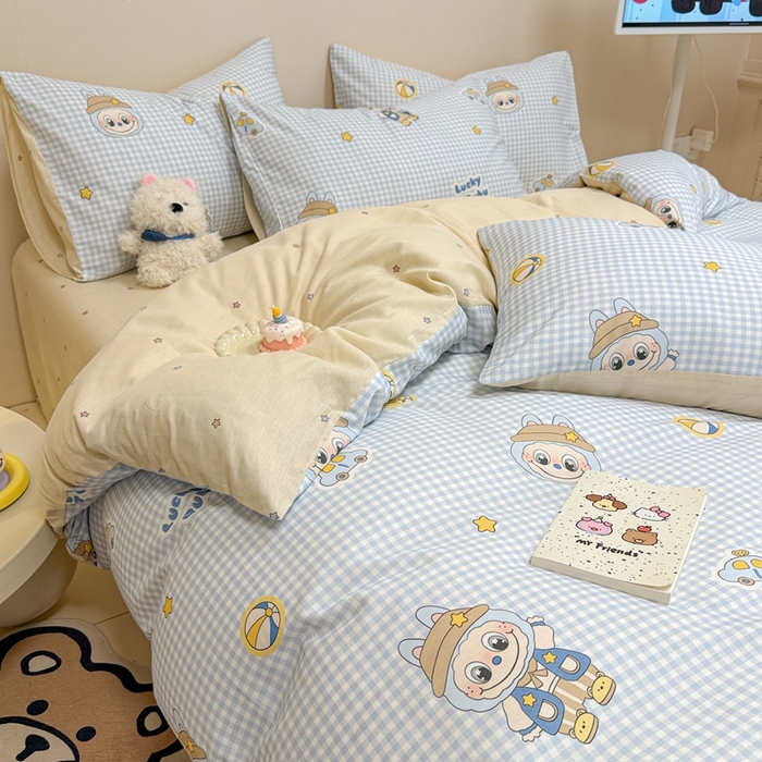 91家纺网 家纺一手货源 找家纺 呗旺鹿 2025新款40s全棉纯棉卡通大眼娃娃甜酷风四件套 小汽车大眼娃娃