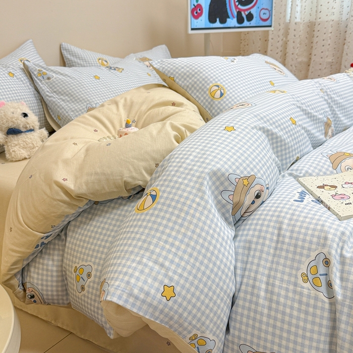 91家纺网 家纺一手货源 找家纺 呗旺鹿 2025新款40s全棉纯棉卡通大眼娃娃甜酷风四件套 小汽车大眼娃娃