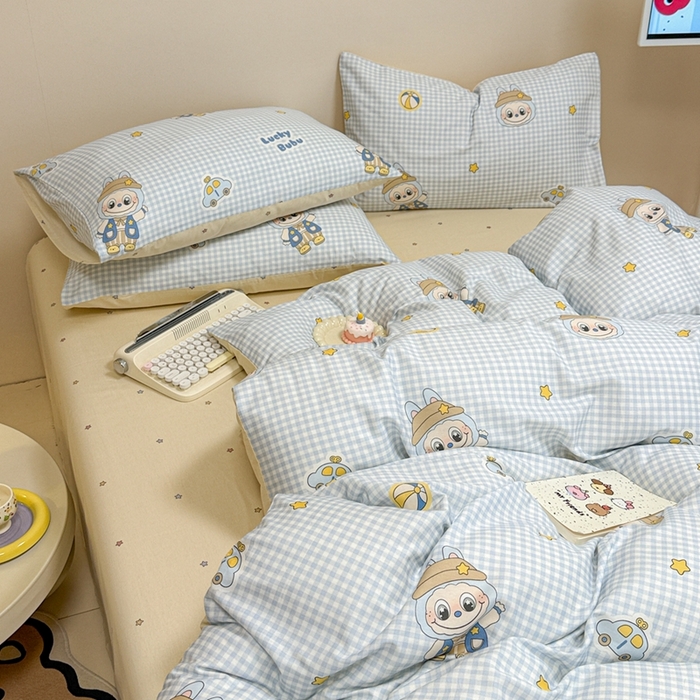 91家纺网 家纺一手货源 找家纺 呗旺鹿 2025新款40s全棉纯棉卡通大眼娃娃甜酷风四件套 小汽车大眼娃娃