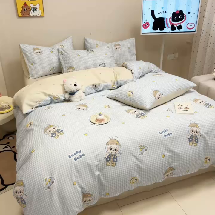 91家纺网 家纺一手货源 找家纺 呗旺鹿 2025新款40s全棉纯棉卡通大眼娃娃甜酷风四件套 小汽车大眼娃娃