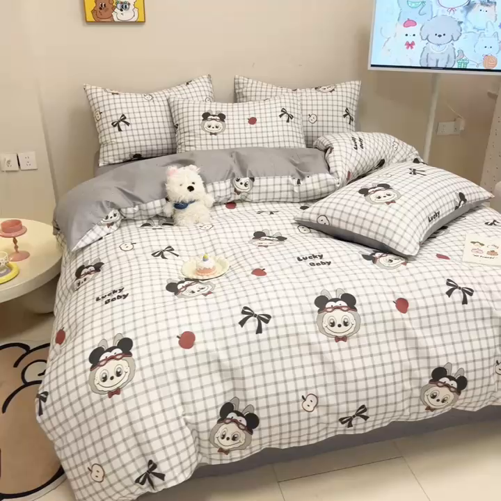 91家纺网 家纺一手货源 找家纺 （总）呗旺鹿 2025新款40s全棉纯棉卡通大眼娃娃甜酷风四件套