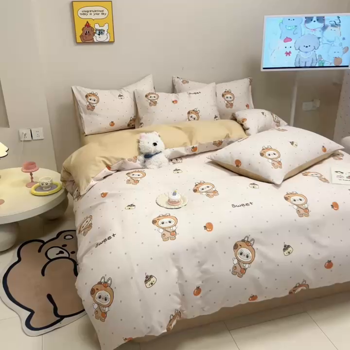 91家纺网 家纺一手货源 找家纺 呗旺鹿 2025新款40s全棉纯棉卡通大眼娃娃甜酷风四件套 卡皮巴拉大眼娃娃