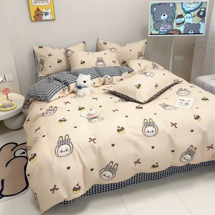 91家纺网 家纺一手货源 找家纺 呗旺鹿 2025新款40s全棉纯棉卡通大眼娃娃甜酷风四件套 蝴蝶结大眼娃娃