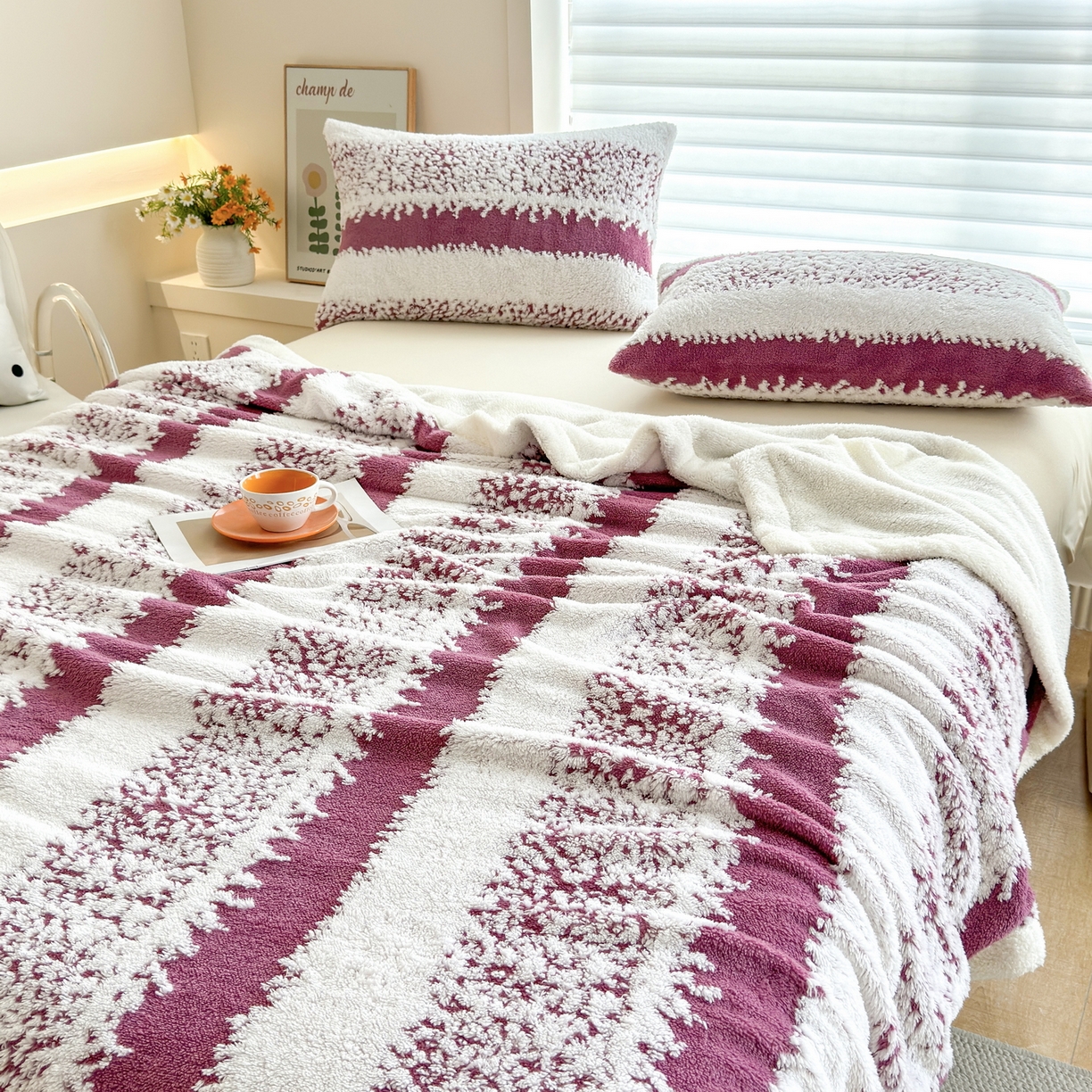 91家纺网 家纺一手货源 找家纺 春妮家纺 2025新款加厚羊羔绒阳离子双层盖毯舒棉绒毛毯 拉斐尔-玫红