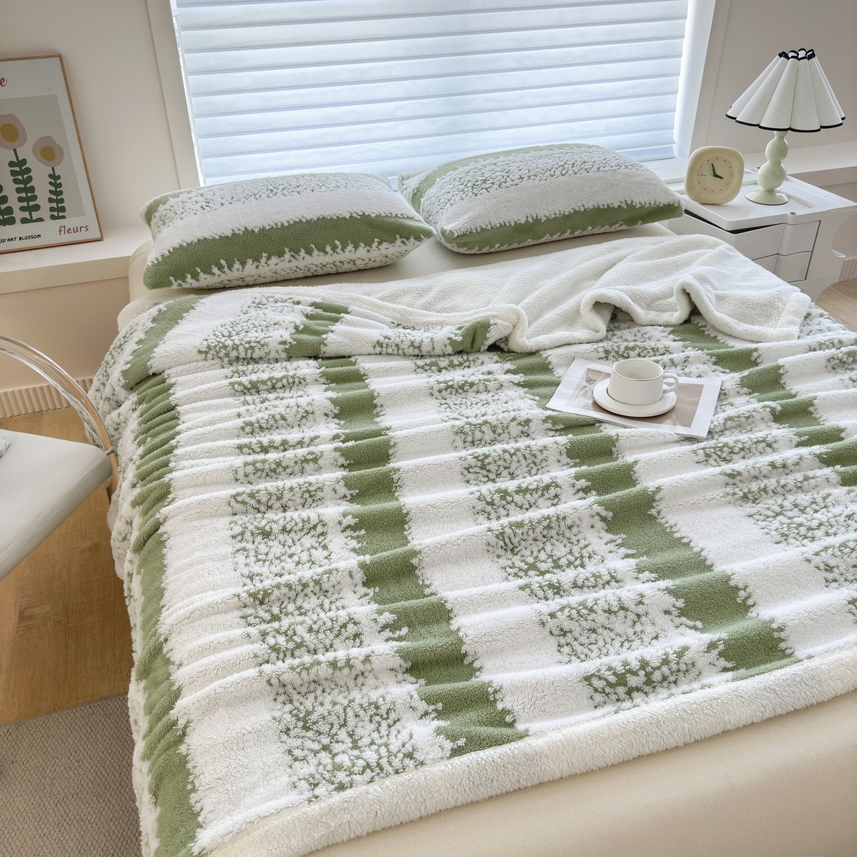 91家纺网 家纺一手货源 找家纺 春妮家纺 2025新款加厚羊羔绒阳离子双层盖毯舒棉绒毛毯 拉斐尔-清绿