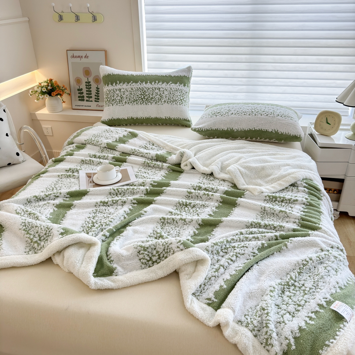 91家纺网 家纺一手货源 找家纺 春妮家纺 2025新款加厚羊羔绒阳离子双层盖毯舒棉绒毛毯 拉斐尔-清绿