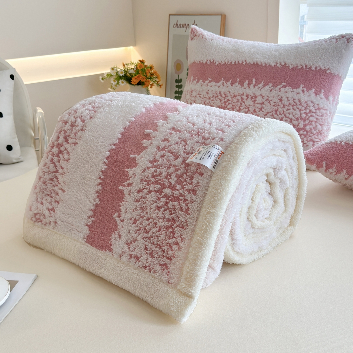 春妮家纺 2025新款加厚羊羔绒阳离子双层盖毯舒棉绒毛毯 拉斐尔-桃粉