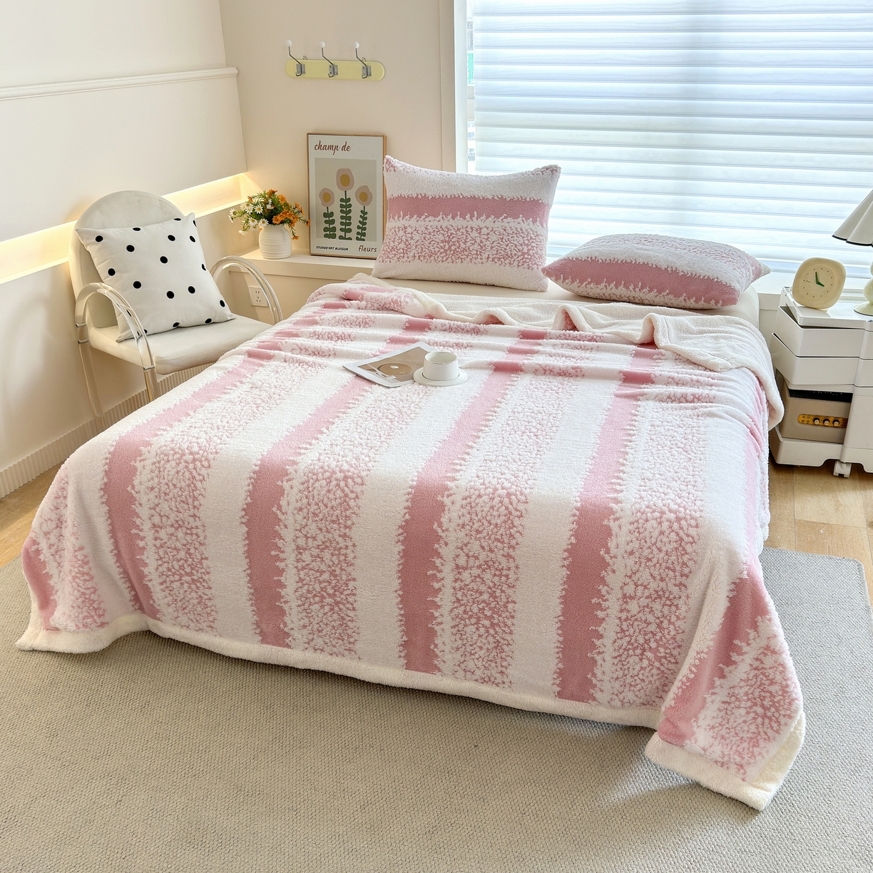 91家纺网 家纺一手货源 找家纺 春妮家纺 2025新款加厚羊羔绒阳离子双层盖毯舒棉绒毛毯 拉斐尔-桃粉