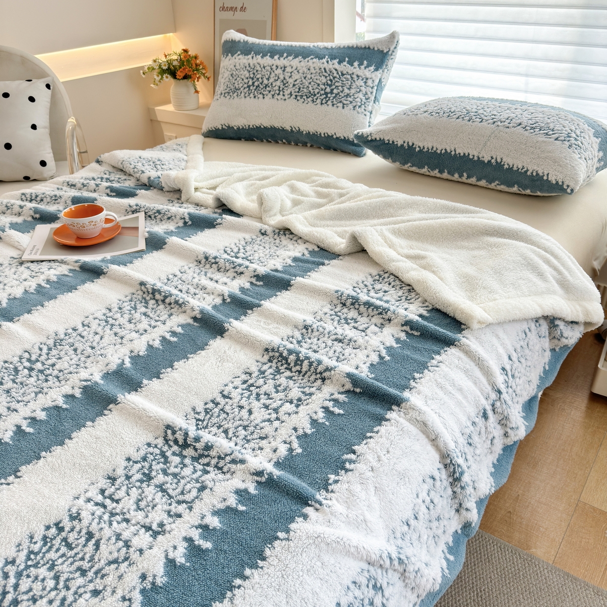 91家纺网 家纺一手货源 找家纺 春妮家纺 2025新款加厚羊羔绒阳离子双层盖毯舒棉绒毛毯 拉斐尔-幽蓝