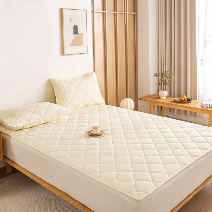 91家纺网 家纺一手货源 找家纺 憨豆家纺 2025新款水洗棉磨毛夹棉床笠四季床垫褥子床护垫薄款学生宿舍榻榻米垫被跨境加棉保护垫 床护垫-米白