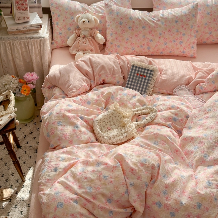 91家纺网 家纺一手货源 找家纺 丽美人家纺2025新款A类软糯皱皱纱四件套 粉黛