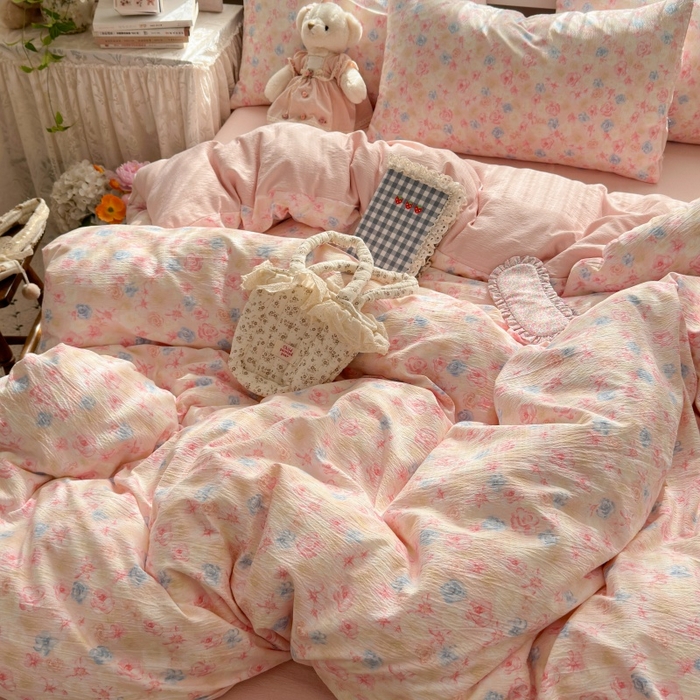 91家纺网 家纺一手货源 找家纺 丽美人家纺2025新款A类软糯皱皱纱四件套 粉黛