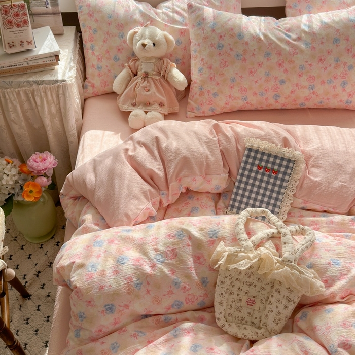 91家纺网 家纺一手货源 找家纺 丽美人家纺2025新款A类软糯皱皱纱四件套 粉黛