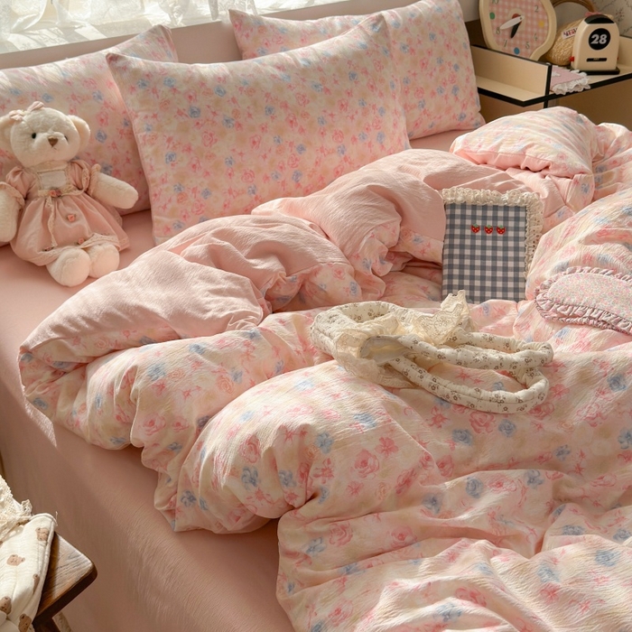 91家纺网 家纺一手货源 找家纺 丽美人家纺2025新款A类软糯皱皱纱四件套 粉黛