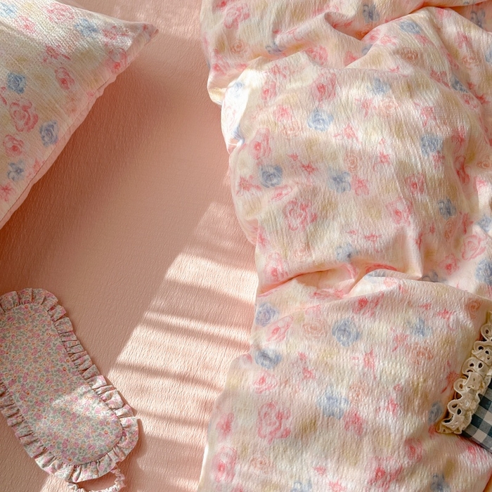 91家纺网 家纺一手货源 找家纺 丽美人家纺2025新款A类软糯皱皱纱四件套 粉黛