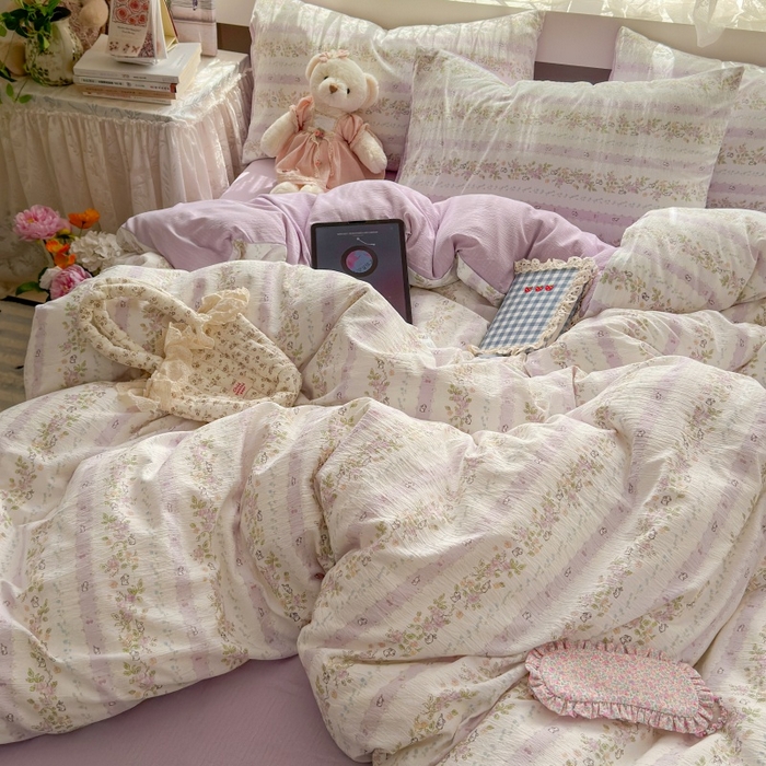 91家纺网 家纺一手货源 找家纺 丽美人家纺2025新款A类软糯皱皱纱四件套 春日小花