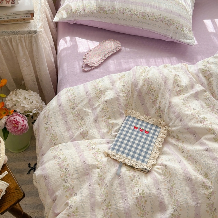 91家纺网 家纺一手货源 找家纺 丽美人家纺2025新款A类软糯皱皱纱四件套 春日小花