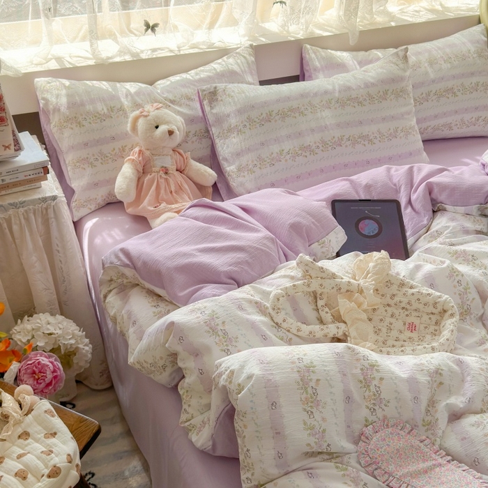 91家纺网 家纺一手货源 找家纺 丽美人家纺2025新款A类软糯皱皱纱四件套 春日小花