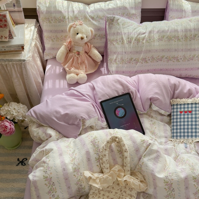 91家纺网 家纺一手货源 找家纺 丽美人家纺2025新款A类软糯皱皱纱四件套 春日小花