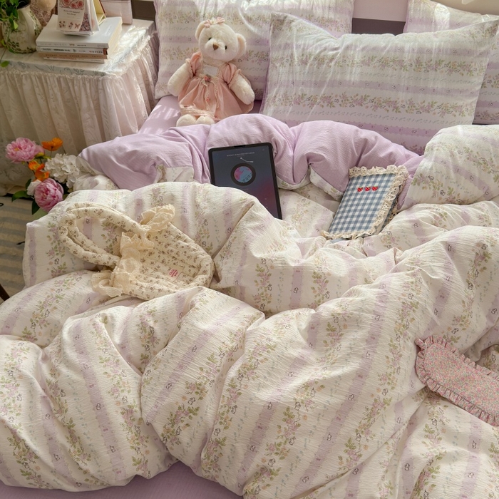 91家纺网 家纺一手货源 找家纺 丽美人家纺2025新款A类软糯皱皱纱四件套 春日小花