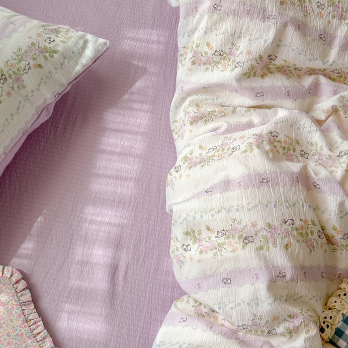 91家纺网 家纺一手货源 找家纺 丽美人家纺2025新款A类软糯皱皱纱四件套 春日小花