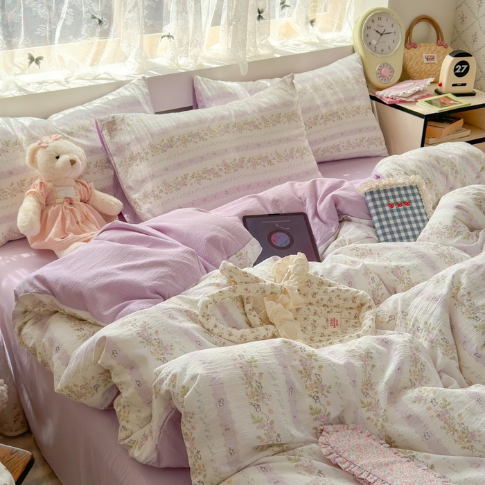 91家纺网 家纺一手货源 找家纺 丽美人家纺2025新款A类软糯皱皱纱四件套 春日小花