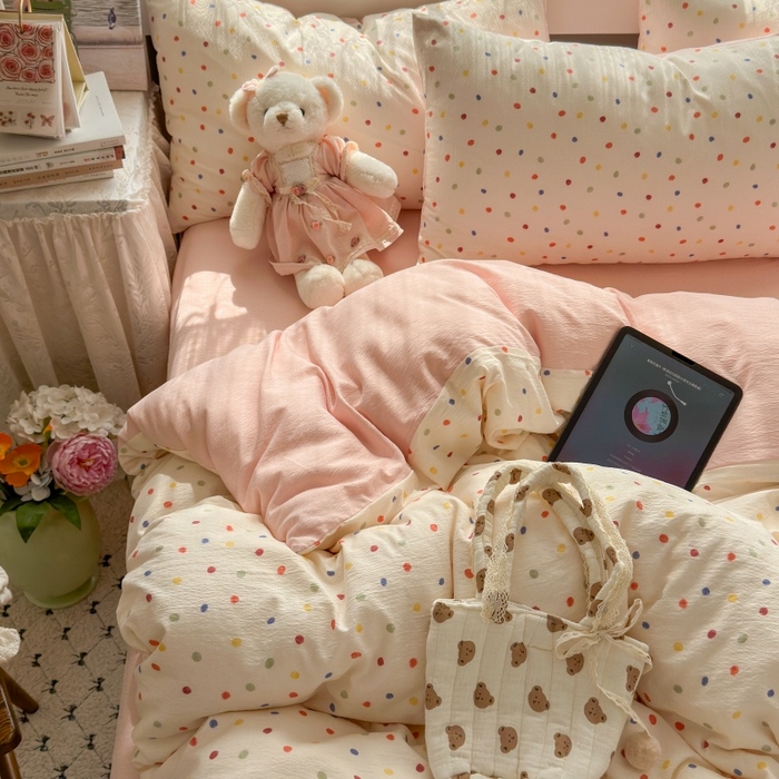 91家纺网 家纺一手货源 找家纺 丽美人家纺2025新款A类软糯皱皱纱四件套 彩色波点