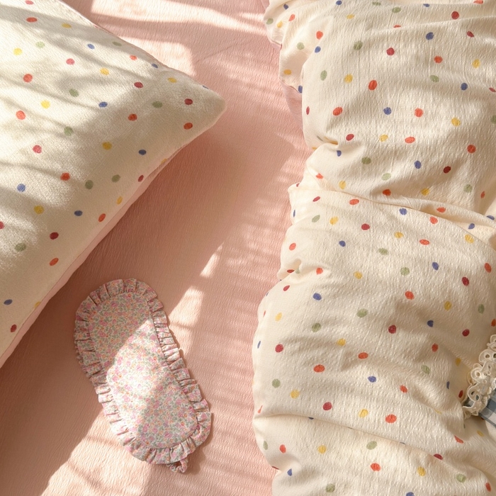 91家纺网 家纺一手货源 找家纺 丽美人家纺2025新款A类软糯皱皱纱四件套 彩色波点