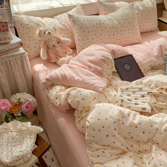 91家纺网 家纺一手货源 找家纺 丽美人家纺2025新款A类软糯皱皱纱四件套 彩色波点