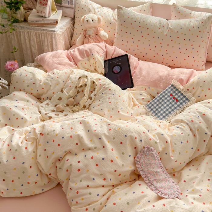 91家纺网 家纺一手货源 找家纺 丽美人家纺2025新款A类软糯皱皱纱四件套 彩色波点