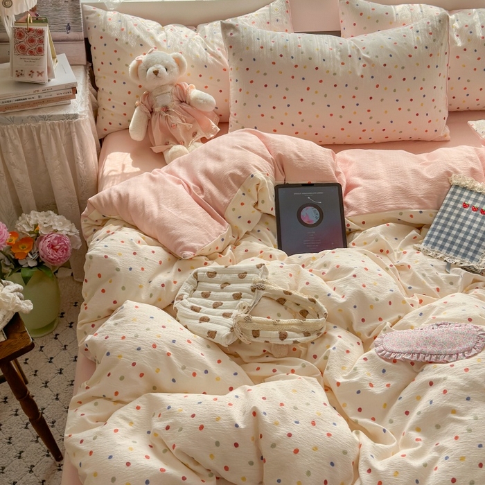 91家纺网 家纺一手货源 找家纺 丽美人家纺2025新款A类软糯皱皱纱四件套 彩色波点