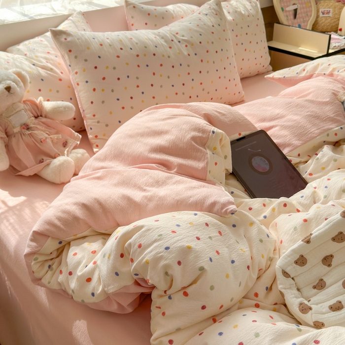 91家纺网 家纺一手货源 找家纺 丽美人家纺2025新款A类软糯皱皱纱四件套 彩色波点