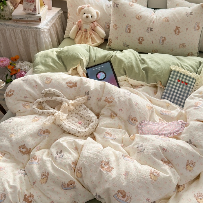 91家纺网 家纺一手货源 找家纺 丽美人家纺2025新款A类软糯皱皱纱四件套 贝拉