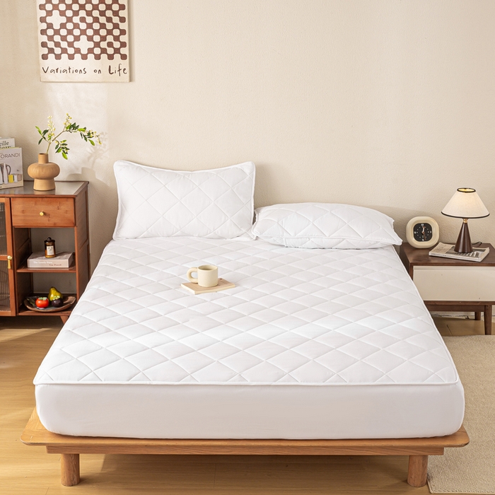 91家纺网 家纺一手货源 找家纺 憨豆家纺 2025新款水洗棉磨毛夹棉床笠四季床垫褥子床护垫薄款学生宿舍榻榻米垫被跨境加棉保护垫升级床笠款-白色